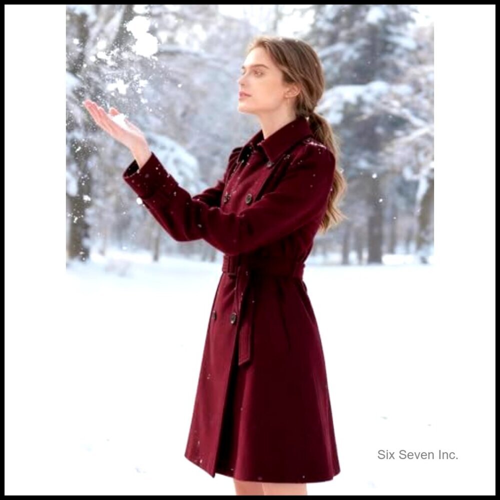 Wool Pea Coat with Belt, Double Breasted, Fitted Flared Overcoat for Winter - Picture 3 of 7